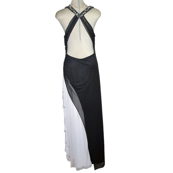 BLONDIE Luxury Designer Black and White Beaded Gown Open Back Dress Size 13 - Picture 5 of 17